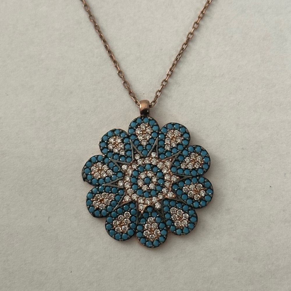 925 Silver blue flower necklace cz turquoise stones